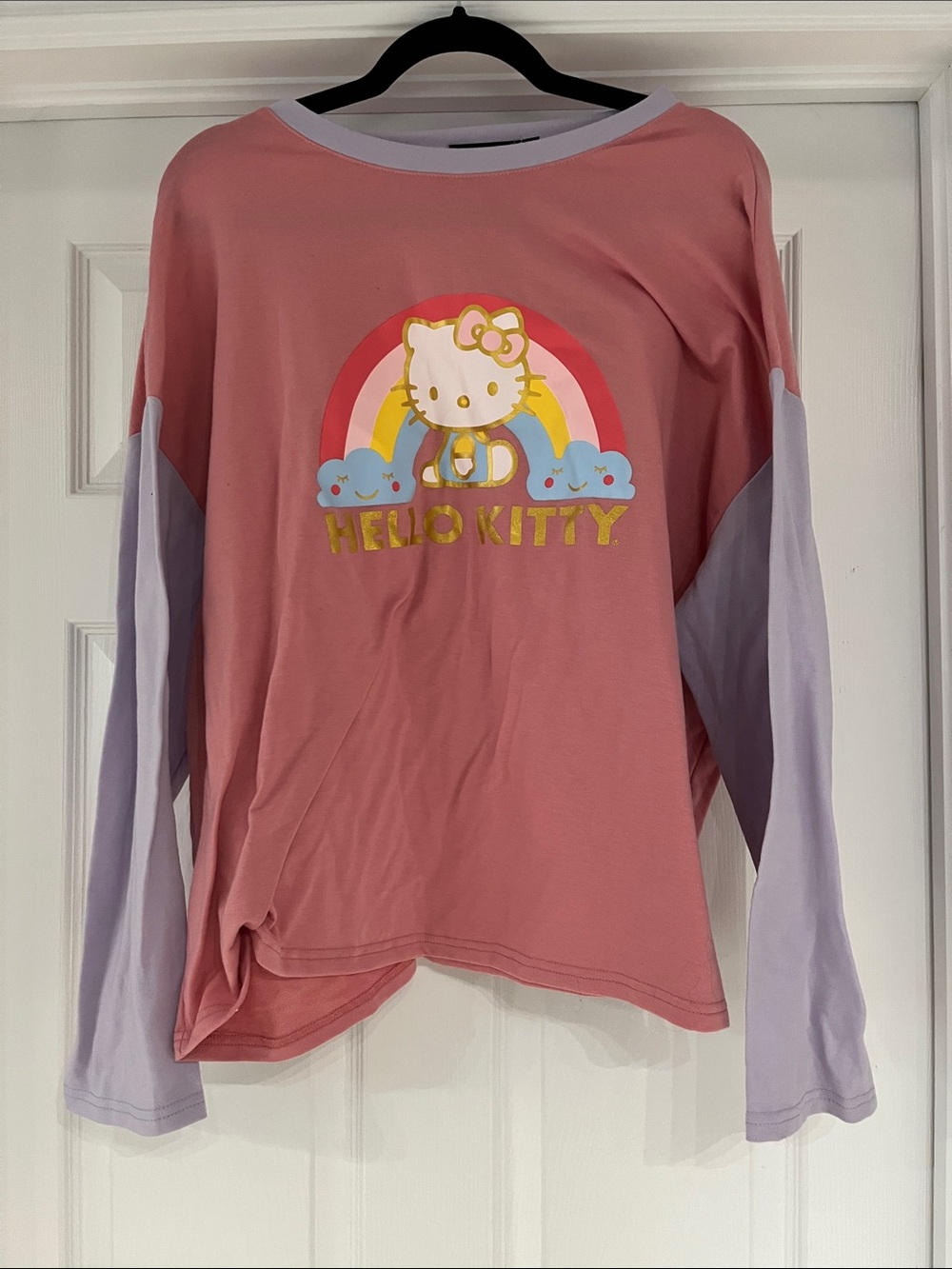 Hello Kitty Pink pajamas with Lavender Sleeves and Rainbow Graphic